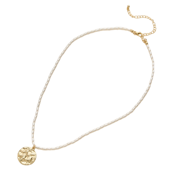 Beaded Pearl Necklace w/Gold Coin Pendant Necklace
