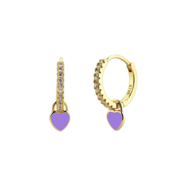 Purple Heart Charm & Rhinestone Hoop Earrings