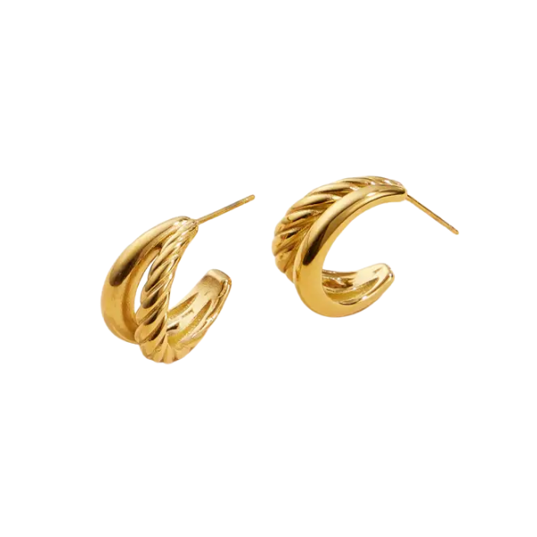 Gold Dipped Two Lined w/Twisted Accent Hoop Earrings