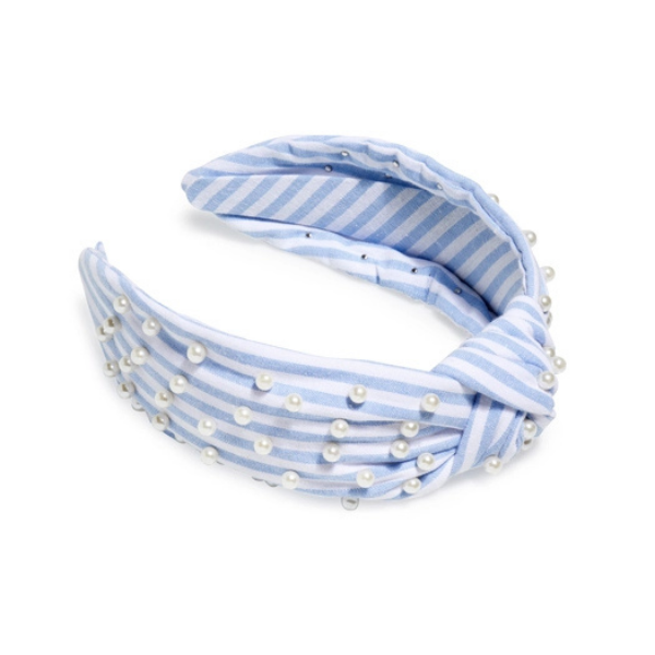 Blue Striped & Pearl Studded Top Knot Headband