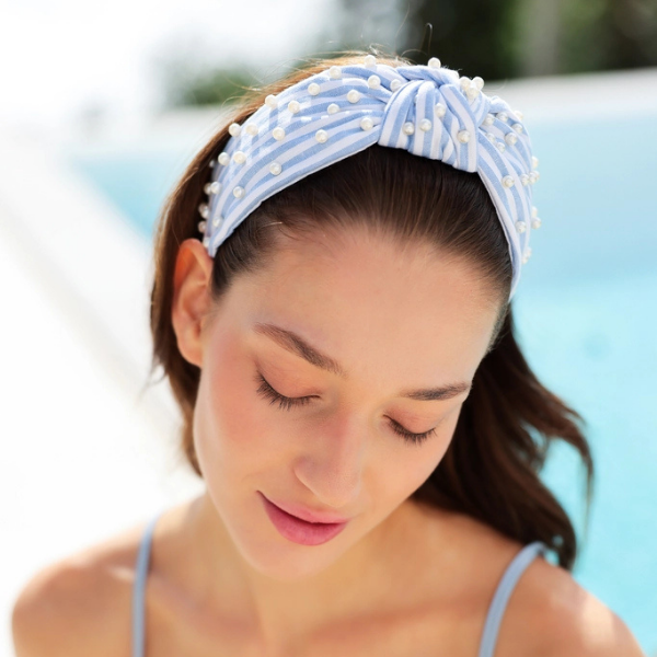 Blue Striped & Pearl Studded Top Knot Headband