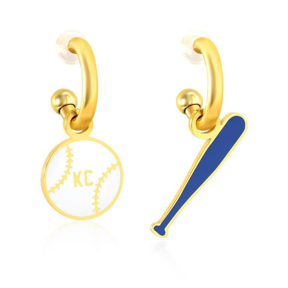 Kansas City White Baseball & Blue Bat Gold Huggie Hoop Earrings