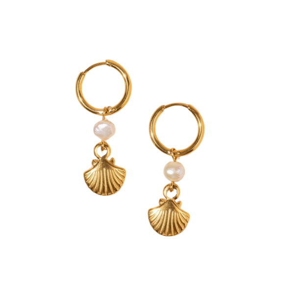 18k Gold Plated Shell & Pearl Clicker Hoop Earrings