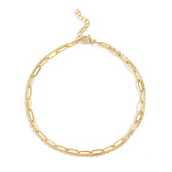 18k Gold PVD Plated Layered Loop & Paperclip Chain Anklet