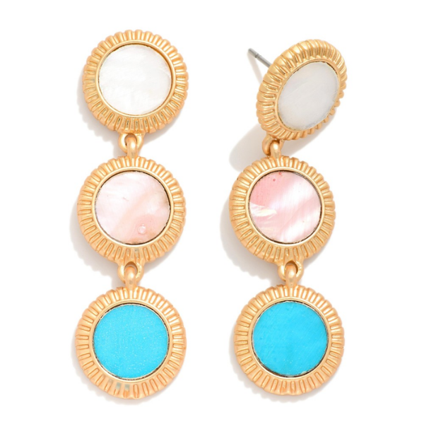 White, Pink, Bright Blue Disc Dangle Earrings