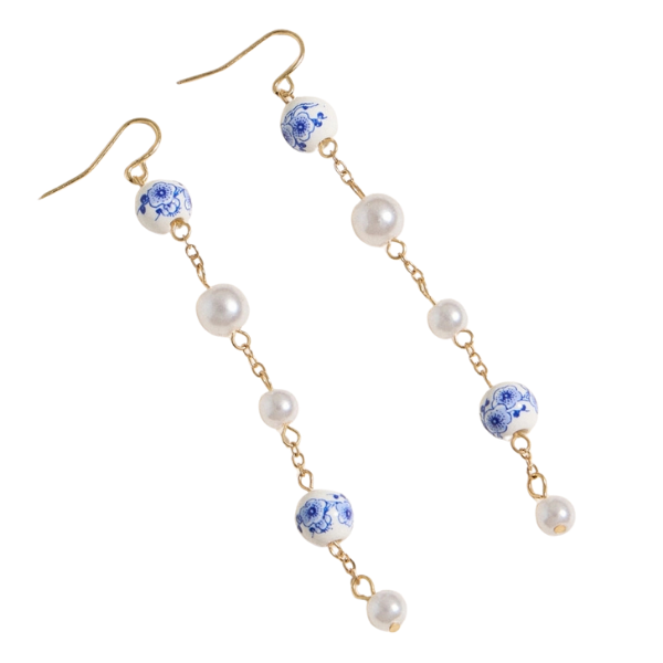 Blue & Pearl Bead Chinoiserie Earrings