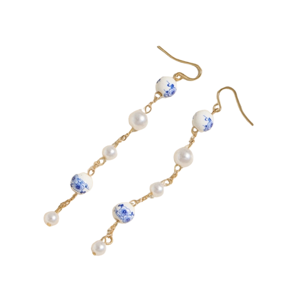 Blue & Pearl Bead Chinoiserie Earrings