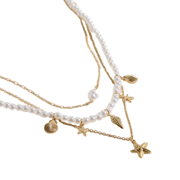 Layered Pearl w/Sea Charms Necklace