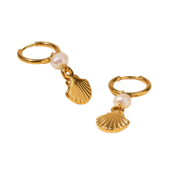 18k Gold Plated Shell & Pearl Clicker Hoop Earrings
