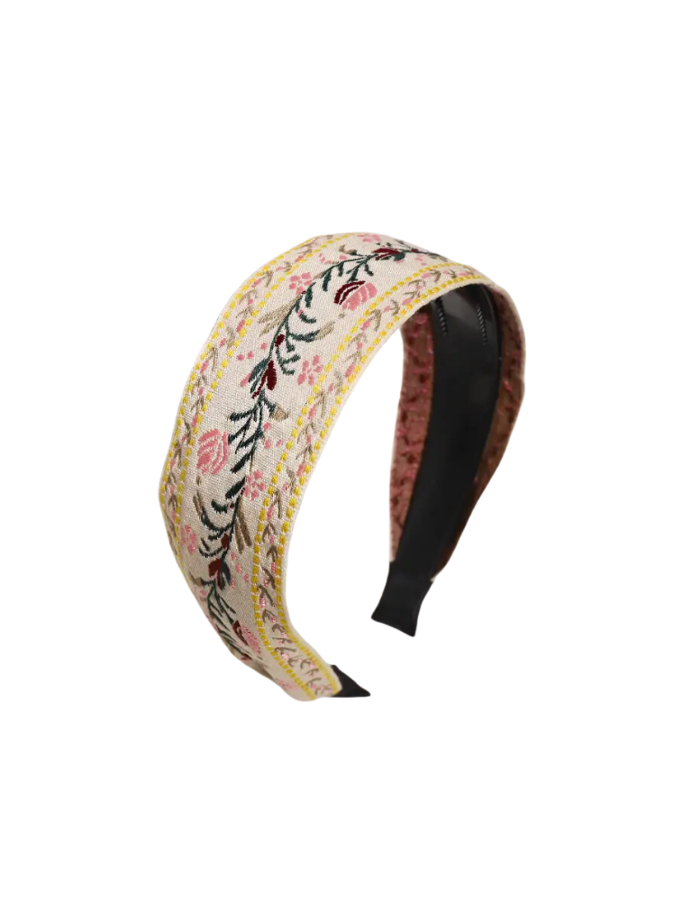 Pink Flowers & Green Leaves Embroidered Headband